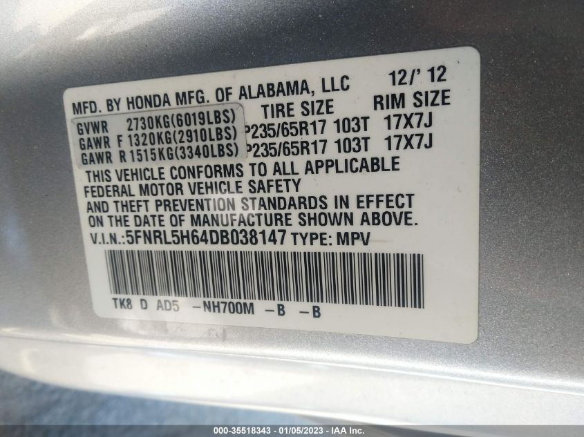 VIN 5FNRL5H64DB038147 2013 HONDA ODYSSEY no.9