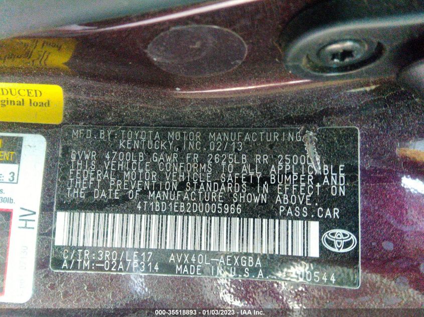 2013 TOYOTA AVALON HYBRID XLE PREMIUM 4T1BD1EB2DU005966