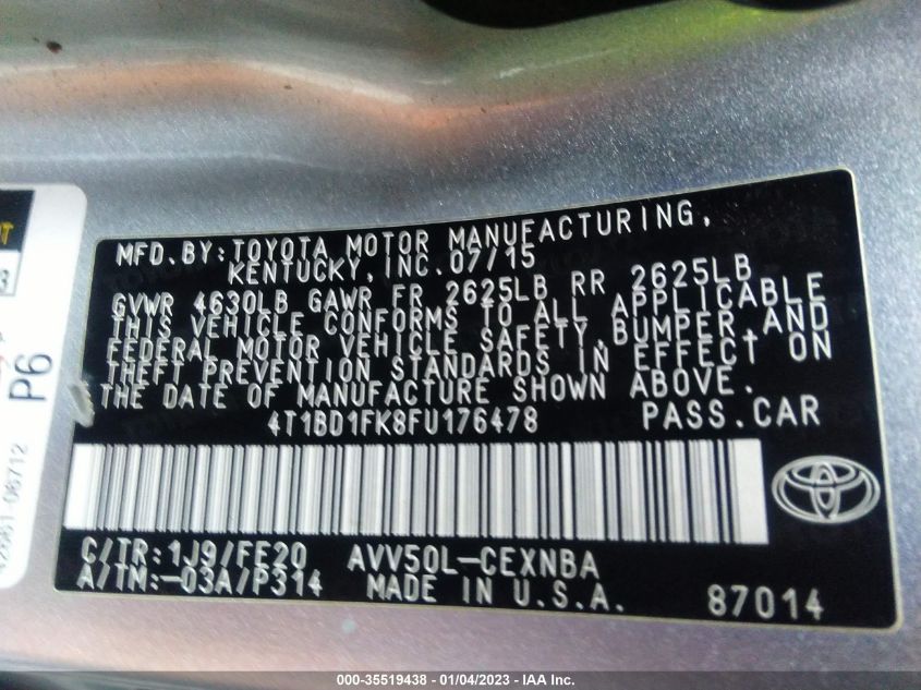 2015 TOYOTA CAMRY HYBRID LE/XLE/SE 4T1BD1FK8FU176478