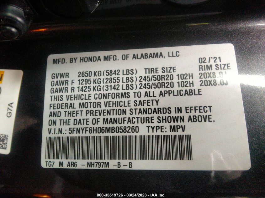 2021 HONDA PILOT ELITE - 5FNYF6H06MB058260