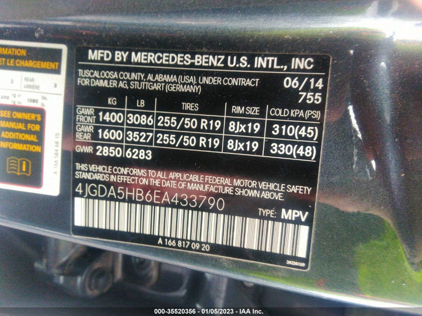 2014 MERCEDES-BENZ M-CLASS ML 350 4JGDA5HB6EA433790