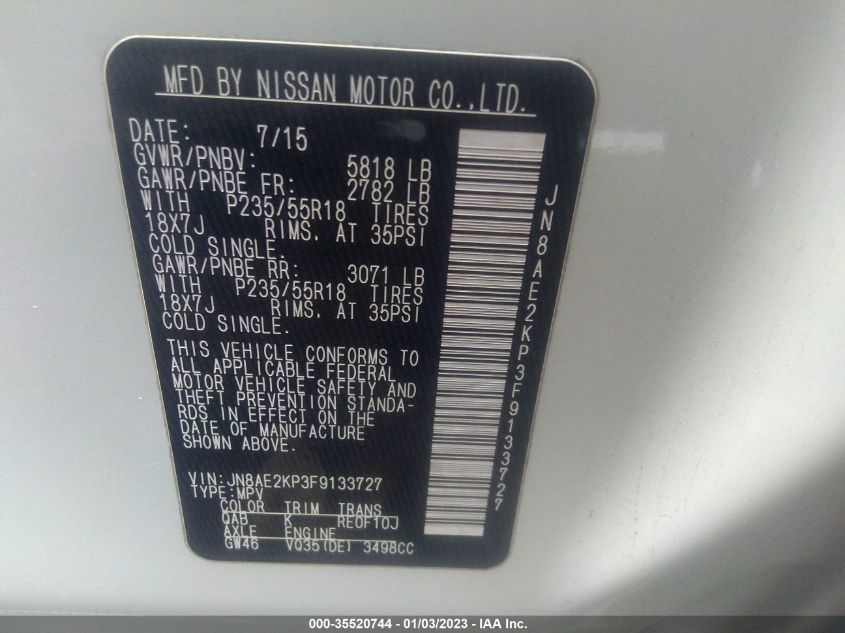 2015 NISSAN QUEST SL - JN8AE2KP3F9133727