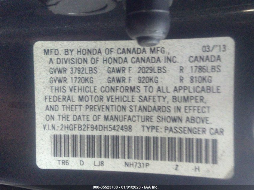 2013 HONDA CIVIC EX-L - 2HGFB2F94DH542498