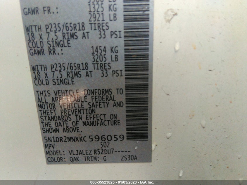 VIN 5N1DR2MNXKC596059 2019 NISSAN PATHFINDER SV