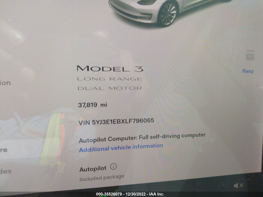 VIN 5YJ3E1EBXLF796065 2020 TESLA MODEL 3 LONG RANGE