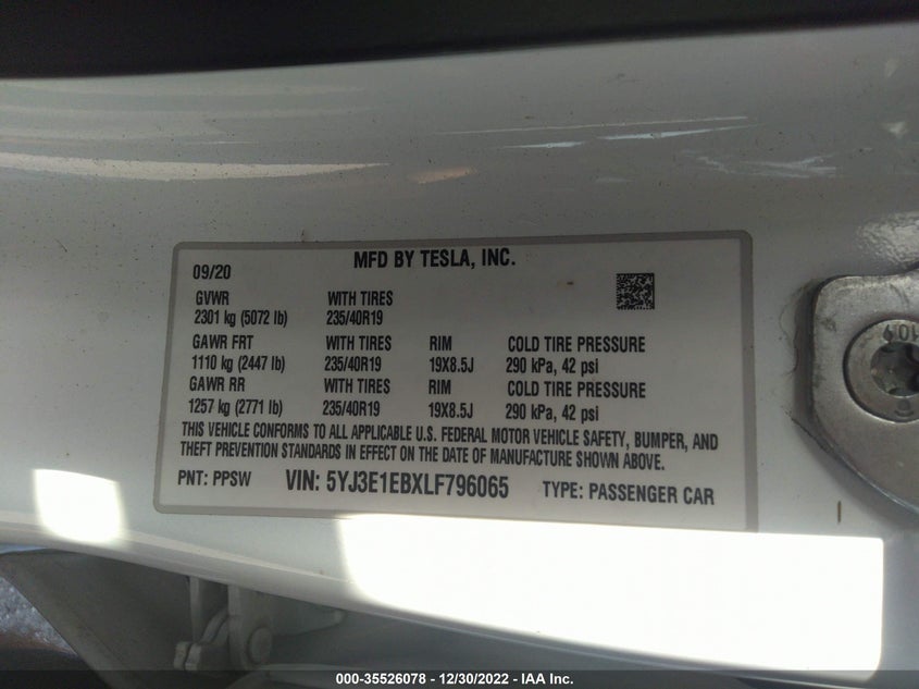 VIN 5YJ3E1EBXLF796065 2020 TESLA MODEL 3 LONG RANGE