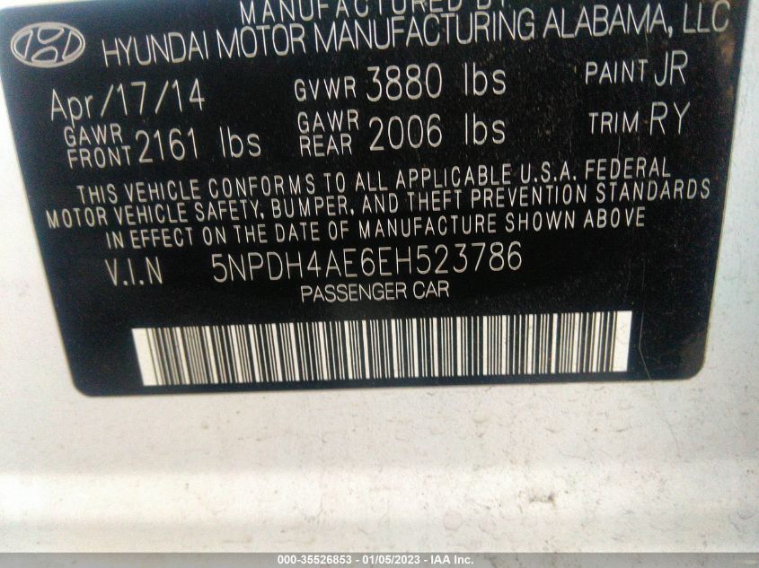 2014 HYUNDAI ELANTRA LIMITED - 5NPDH4AE6EH523786