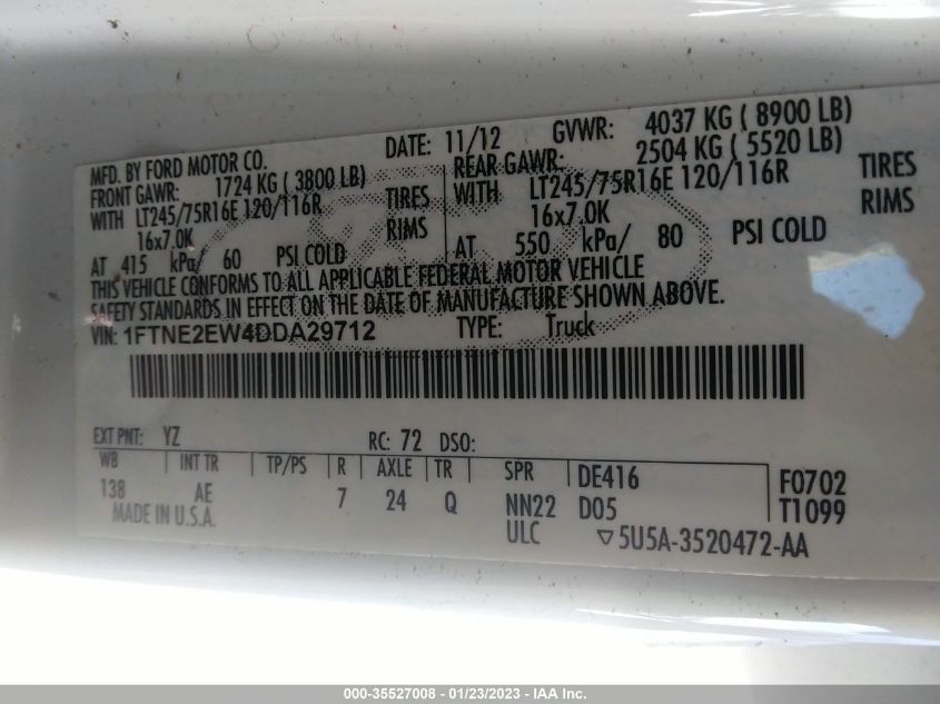 2013 FORD ECONOLINE CARGO VAN COMMERCIAL/RECREATIONAL 1FTNE2EW4DDA29712