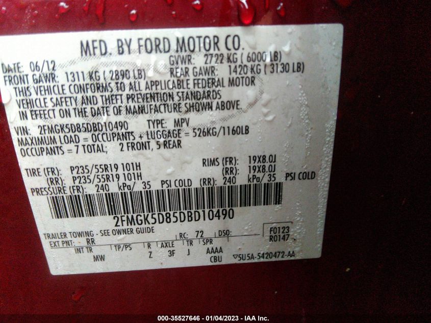 2013 FORD FLEX LIMITED 2FMGK5D85DBD10490