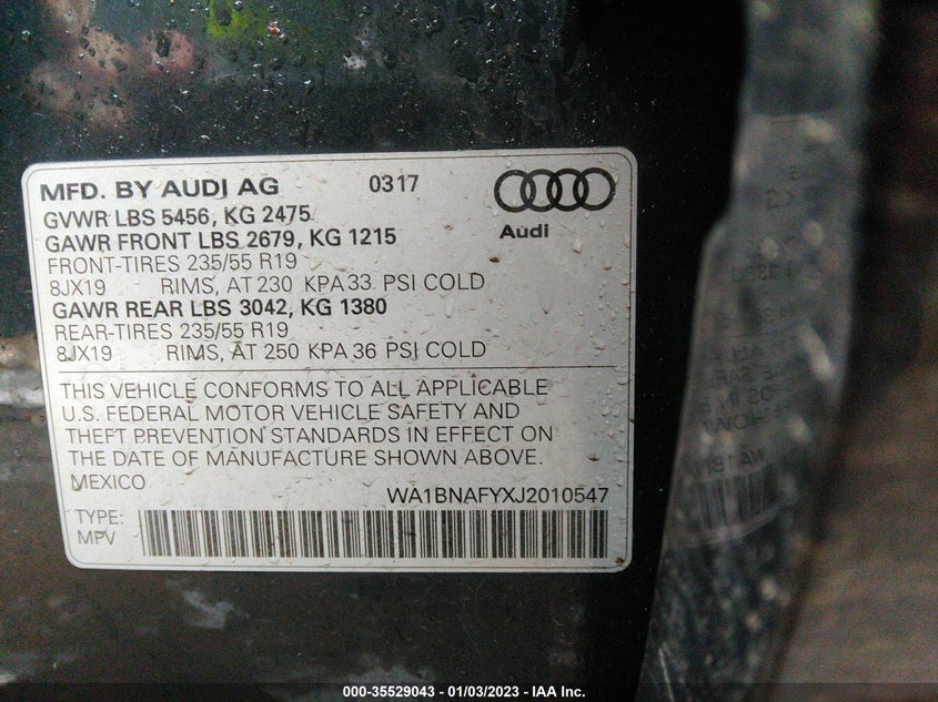 VIN WA1BNAFYXJ2010547 2018 AUDI Q5 PREMIUM PLUS