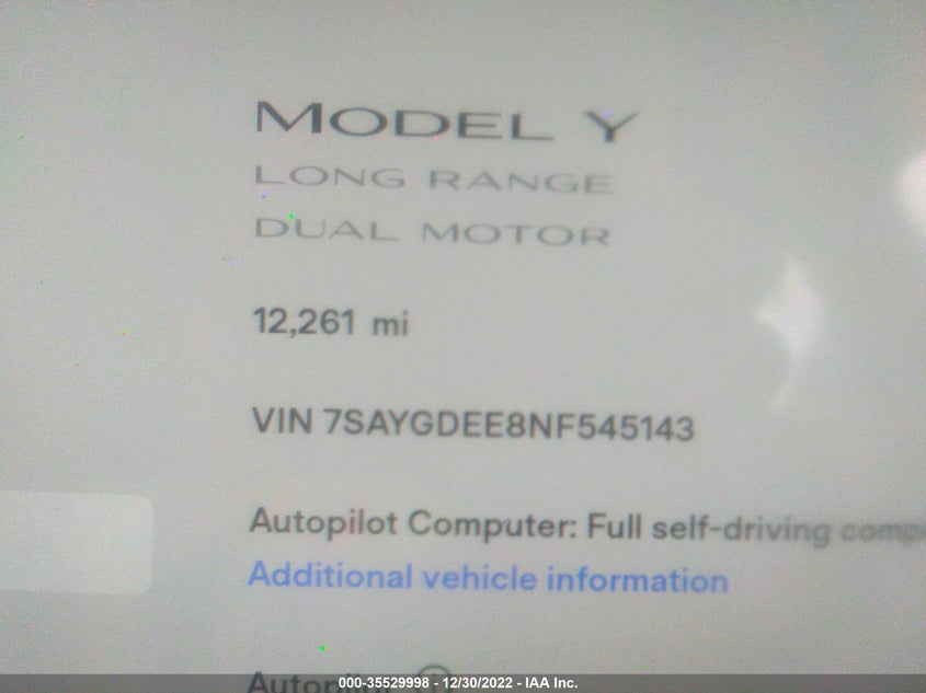 VIN 7SAYGDEE8NF545143 2022 TESLA MODEL Y LONG RANGE