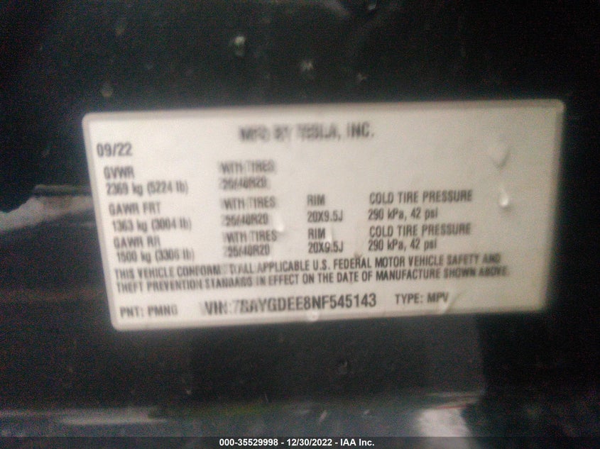 VIN 7SAYGDEE8NF545143 2022 TESLA MODEL Y LONG RANGE