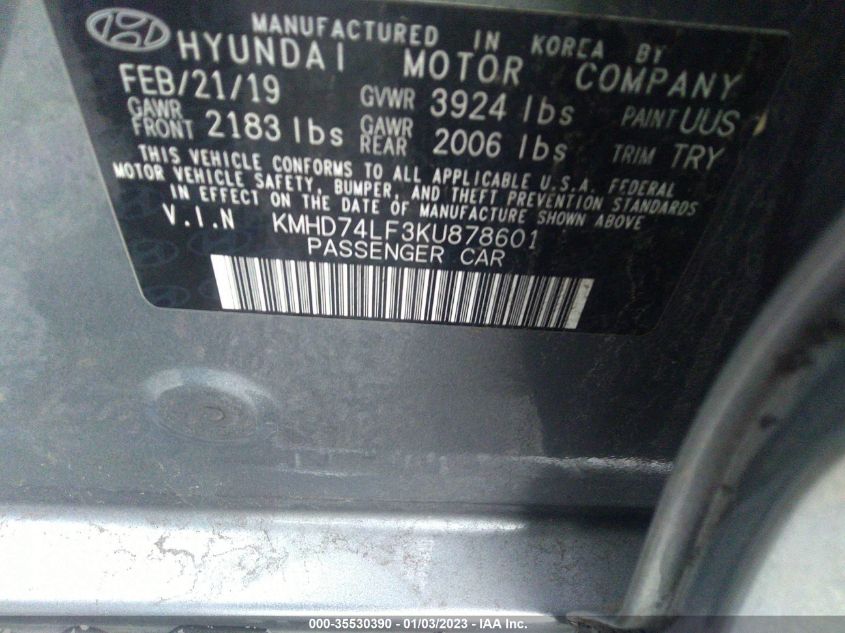 KMHD74LF3KU878601 Hyundai Elantra SE 9