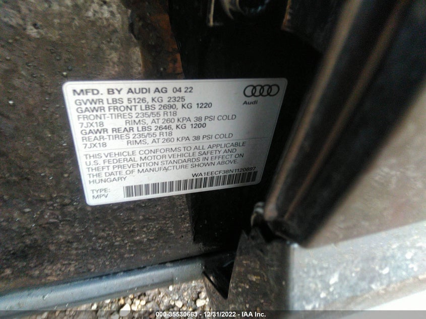 VIN WA1EECF38N1120697 2022 AUDI Q3 S LINE PREMIUM PLUS