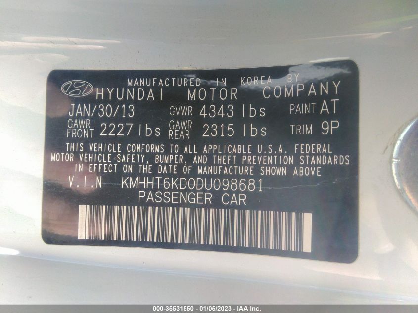 2013 HYUNDAI GENESIS COUPE 2.0T KMHHT6KD0DU098681