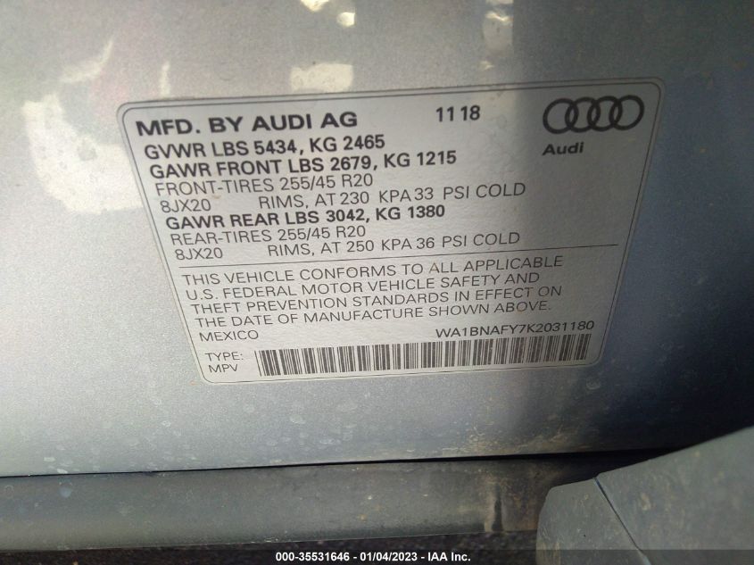 VIN WA1BNAFY7K2031180 2019 AUDI Q5 no.9