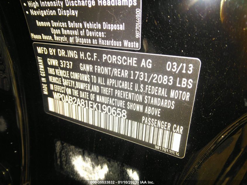 2014 PORSCHE CAYMAN S WP0AB2A81EK190658
