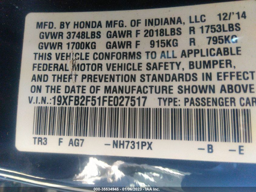 2015 HONDA CIVIC SEDAN LX 19XFB2F51FE027517