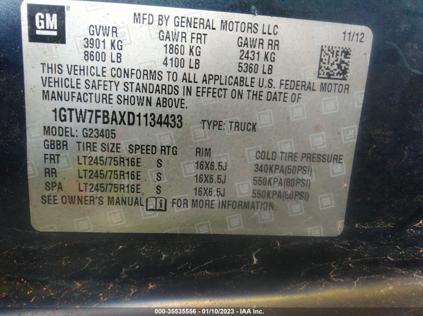 2013 GMC SAVANA CARGO VAN 1GTW7FBAXD1134433