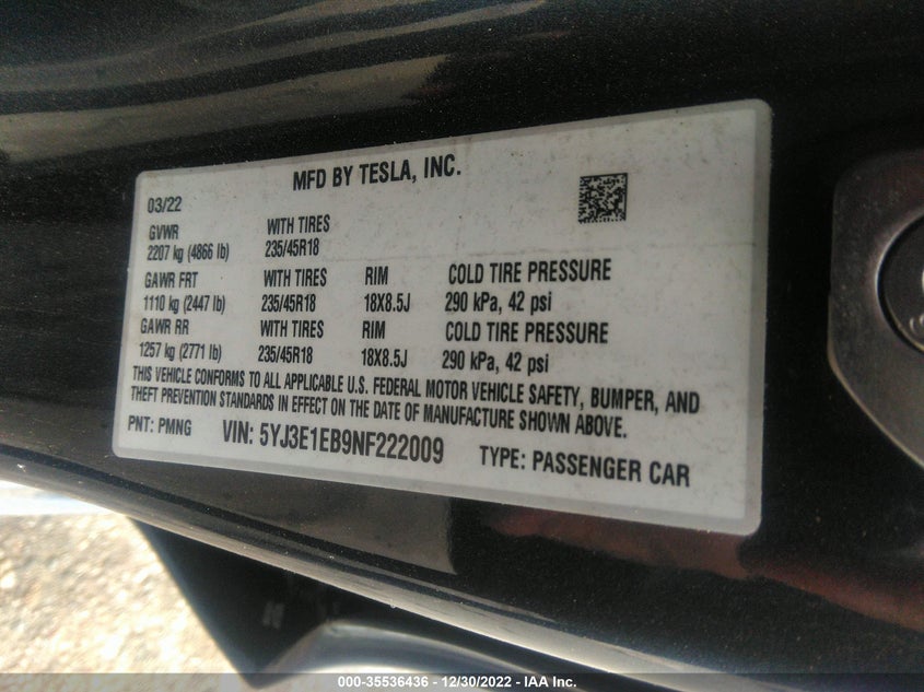VIN 5YJ3E1EB9NF222009 2022 TESLA MODEL 3 LONG RANGE