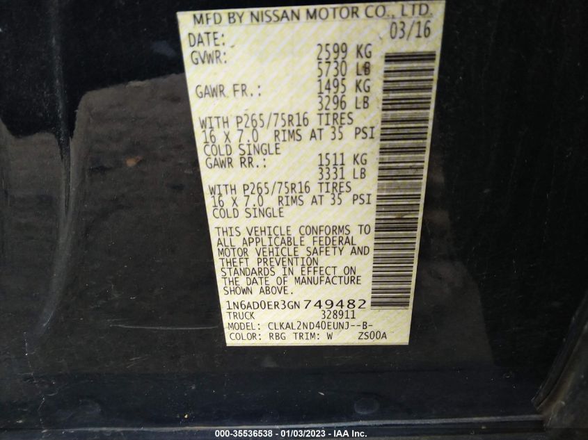 2016 NISSAN FRONTIER DESERT RUNNER - 1N6AD0ER3GN749482
