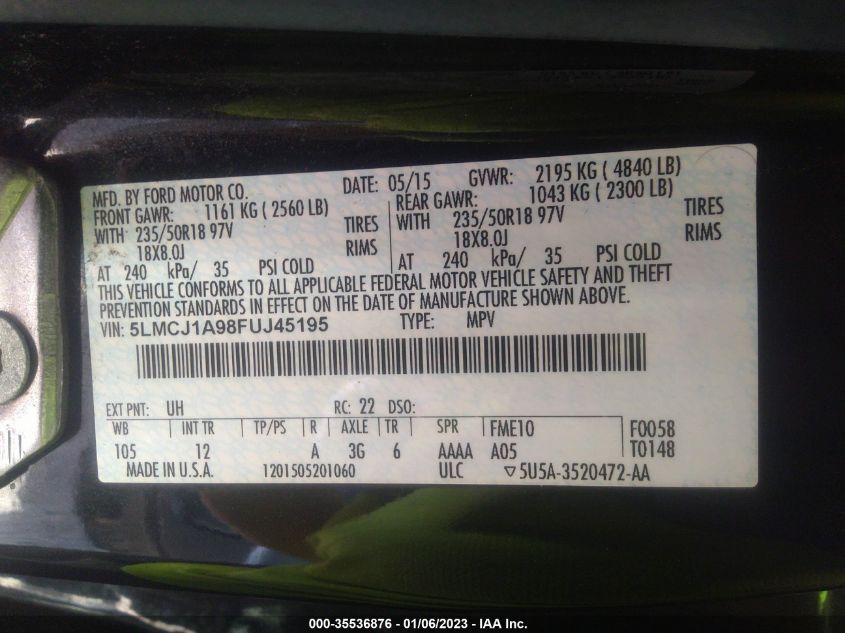 2015 LINCOLN MKC 5LMCJ1A98FUJ45195