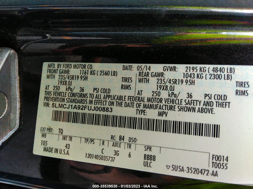 2015 LINCOLN MKC 5LMCJ1A92FUJ00883