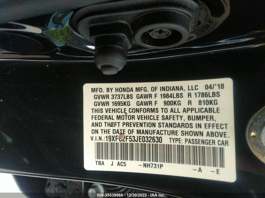 VIN 19XFC2F53JE032630 2018 HONDA CIVIC SEDAN LX