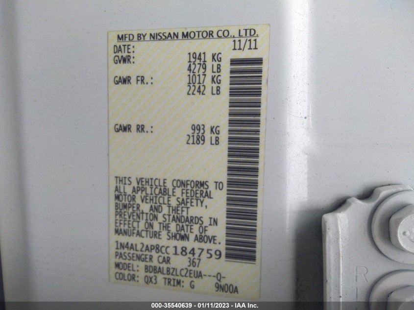 2012 NISSAN ALTIMA VIN: 1N4AL2AP8CC184759