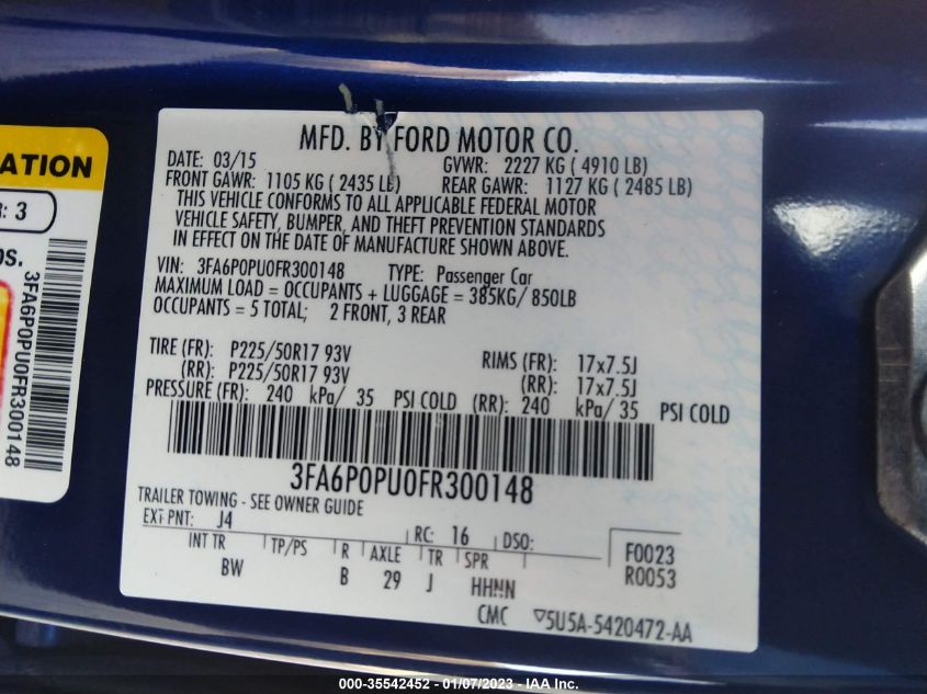 2015 FORD FUSION ENERGI SE LUXURY 3FA6P0PU0FR300148