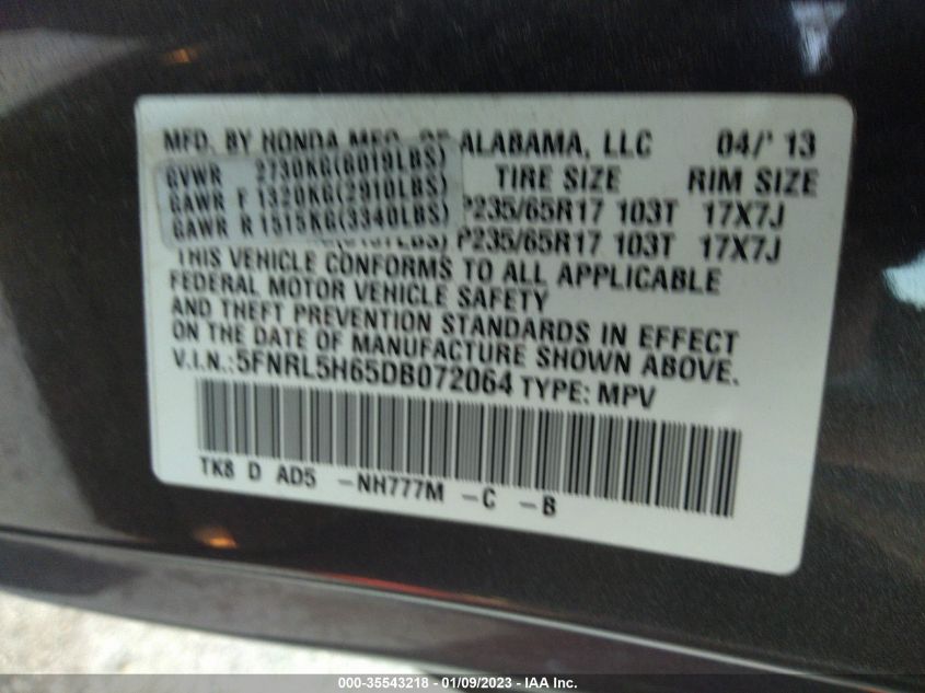 2013 HONDA ODYSSEY EX-L - 5FNRL5H65DB072064