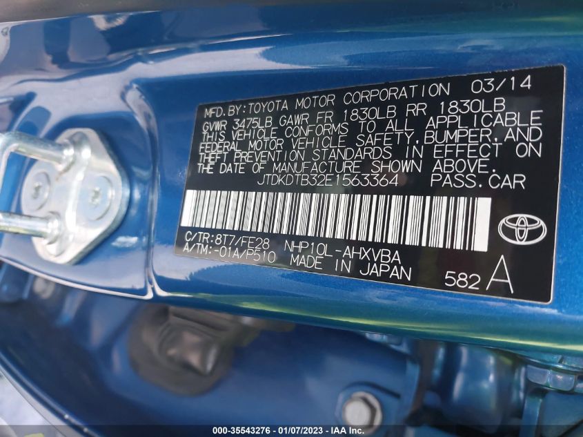 2014 TOYOTA PRIUS C ONE/THREE/TWO/FOUR JTDKDTB32E1563364