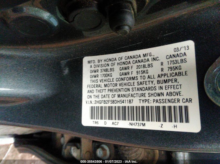 2013 HONDA CIVIC SDN LX 2HGFB2F58DH541187
