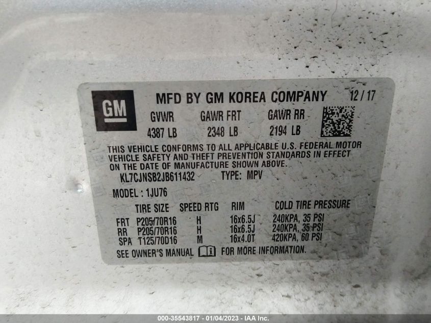 2018 CHEVROLET TRAX LS - KL7CJNSB2JB611432