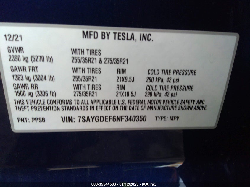 VIN 7SAYGDEF6NF340350 2022 TESLA MODEL Y PERFORMANCE