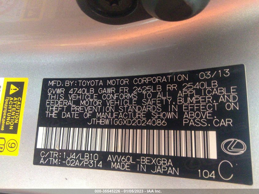 2013 LEXUS ES 300H HYBRID JTHBW1GGXD2024086