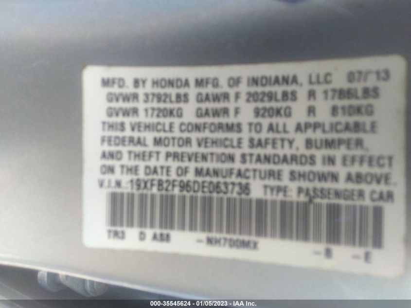 2013 HONDA CIVIC SDN EX-L 19XFB2F96DE063736