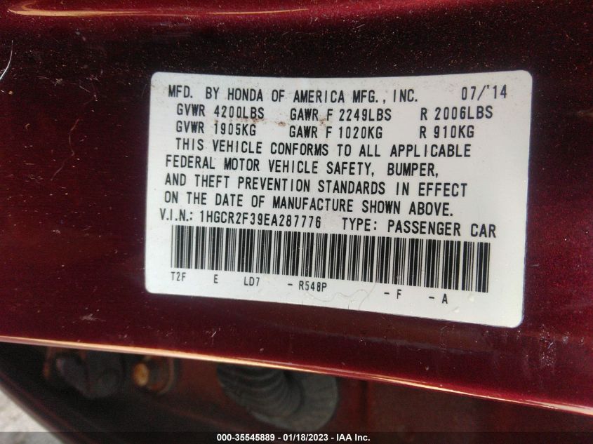 2014 HONDA ACCORD SEDAN LX - 1HGCR2F39EA287776
