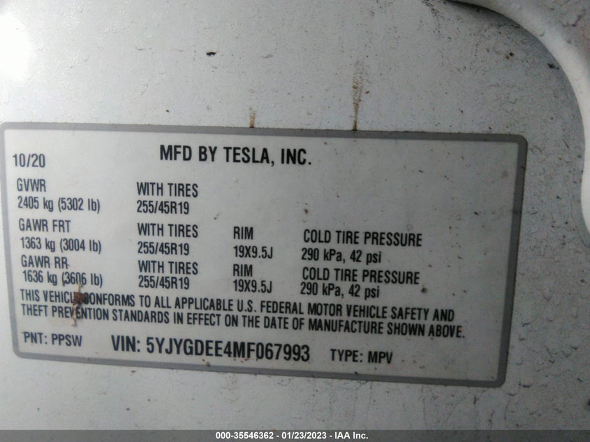 VIN 5YJYGDEE4MF067993 2021 TESLA MODEL Y LONG RANGE