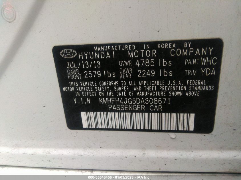 2013 HYUNDAI AZERA KMHFH4JG5DA308671