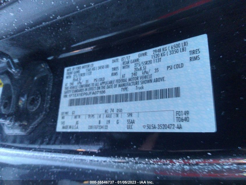 VIN 1FTEX1EP0JFA07106 2018 FORD F-150 XL/XLT/LARIAT