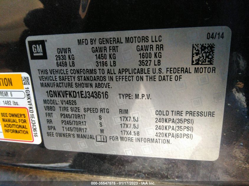 2014 CHEVROLET TRAVERSE LS - 1GNKVFKD1EJ343616