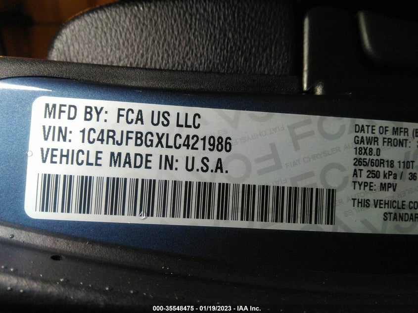 VIN 1C4RJFBGXLC421986 2020 JEEP GRAND CHEROKEE LIMITED