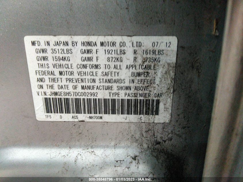 2013 HONDA FIT SPORT JHMGE8H57DC002992