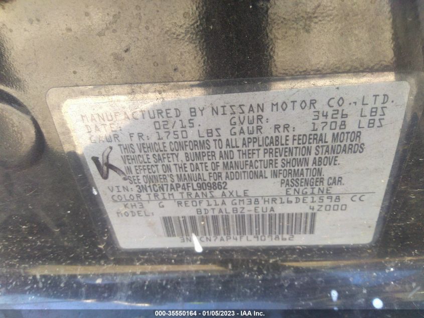 2015 NISSAN VERSA S/S PLUS/SL/SV - 3N1CN7AP4FL909862