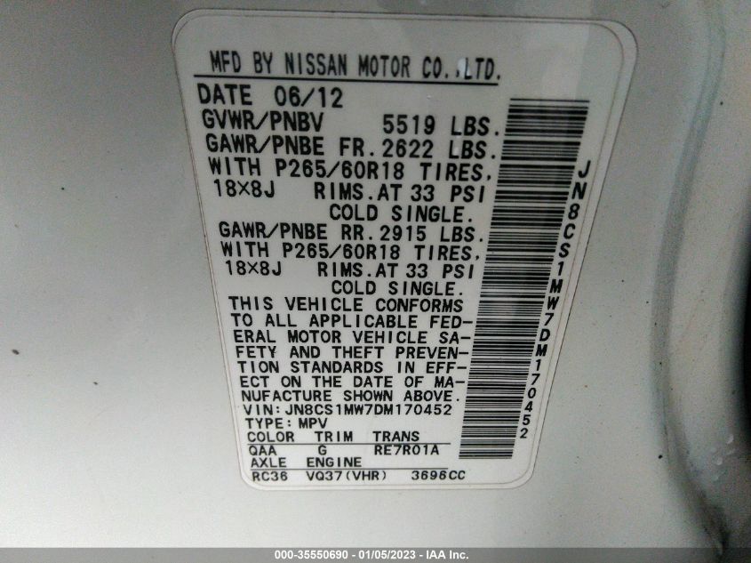 2013 INFINITI FX37 JN8CS1MW7DM170452
