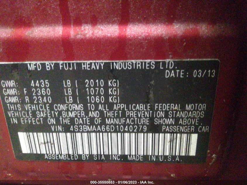 2013 SUBARU LEGACY 2.5I 4S3BMAA66D1040279
