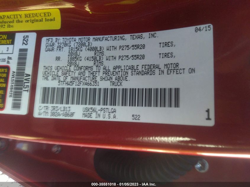 2015 TOYOTA TUNDRA 4WD TRUCK LTD - 5TFHW5F12FX466351