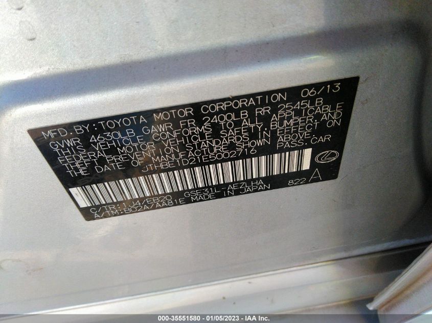 2014 LEXUS IS 350 JTHBE1D21E5002716