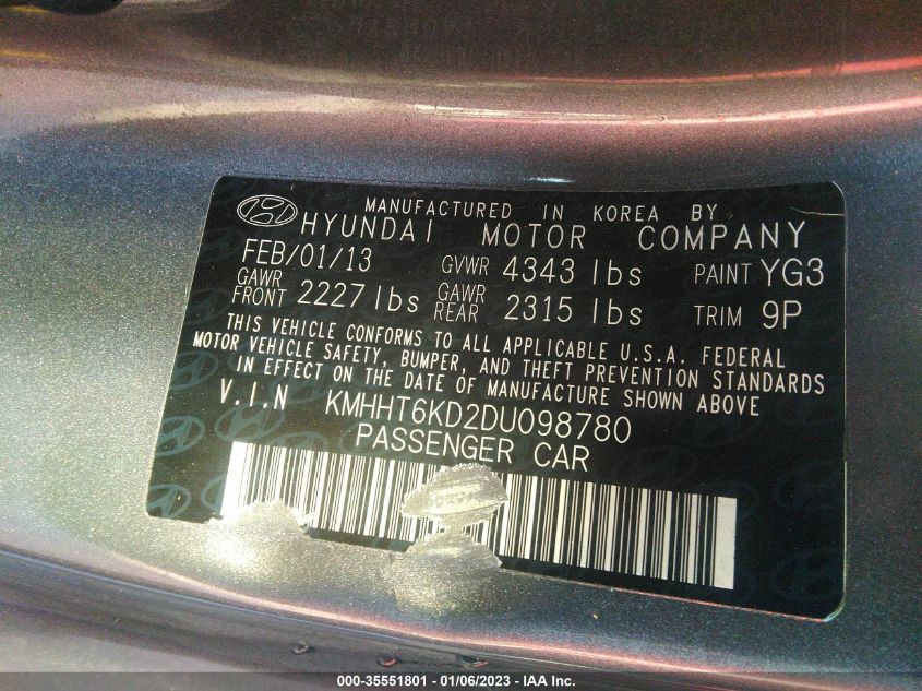 2013 HYUNDAI GENESIS COUPE 2.0T KMHHT6KD2DU098780